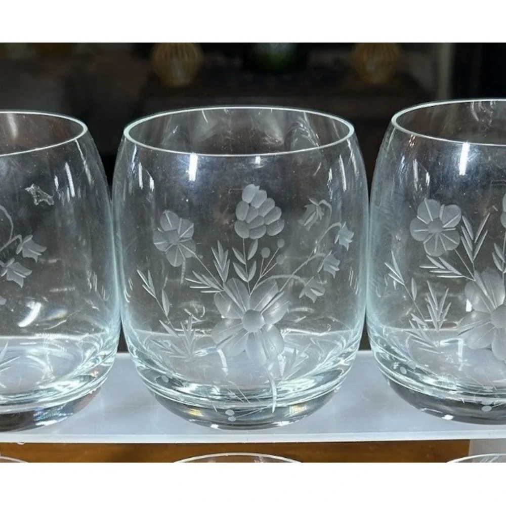 Vtg 6 Princess House Heritage Stemless Rocks Glasses Etched Floral Clear 12 oz